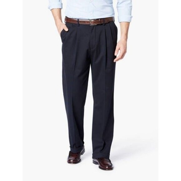 Dockers Comfort Khaki Pants Mens 38x30 Navy Relaxed Pleated Cuffed Stretch NEW - Picture 1 of 14